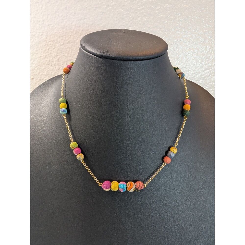 Upcycled Vintage Cloth Bead Necklace – 19" Sustainable Boho Statement Chain